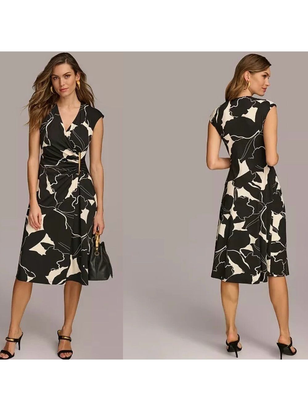 Donna Karan black cream wrap A-line floral midi dress with gold-tone side ring 8